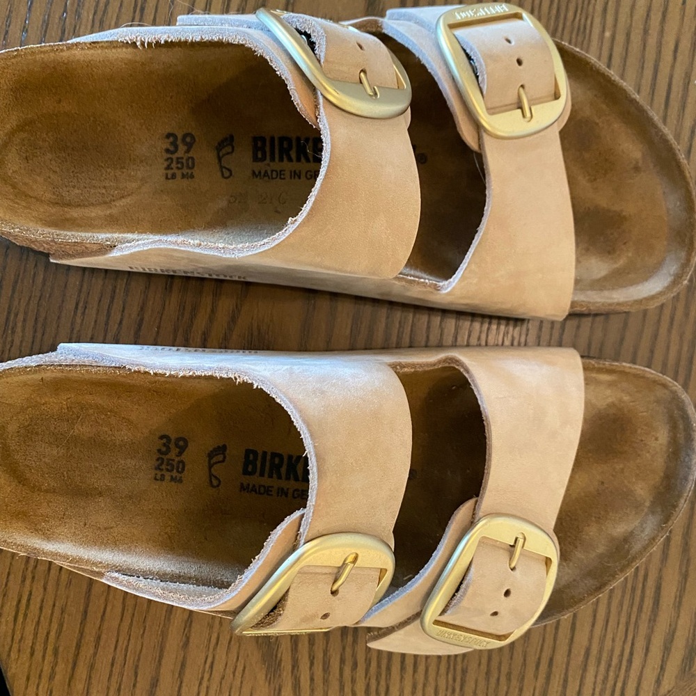 Birkenstock Beige Suede Arizona Sandals with Gold Buckles